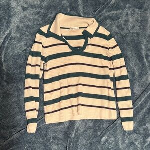 Striped Knit Collared Sweater - Cream & Green